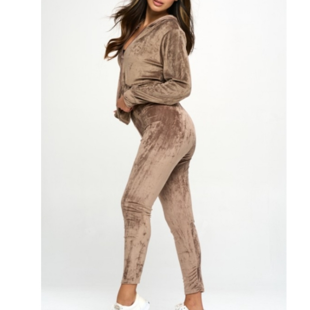 Zip Hoodie Velour Track Suit Set- Taupe - Picture 3 of 7